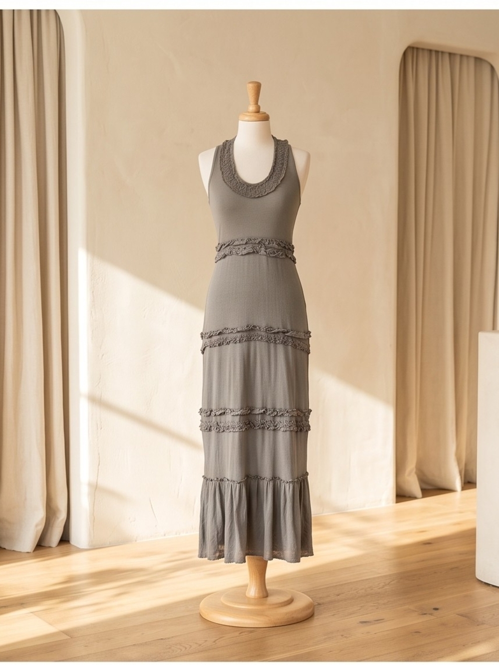 Banana Republic Gray Sleeveless Ruffle-Trim Maxi Dress